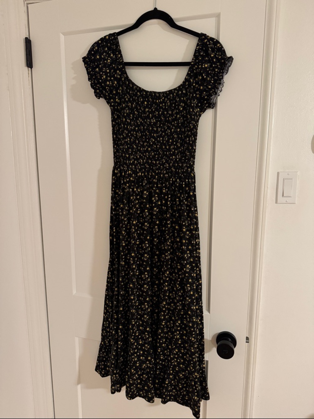 Urban Outfitters Black Floral Midi Dress with Smocked Bodice
